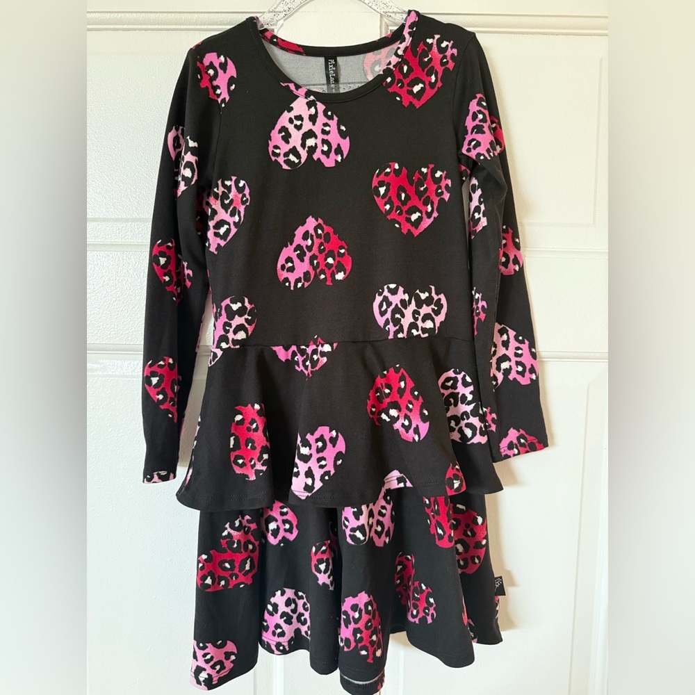 New pixielane Girls Black Peplum Dress with Pink & Red Leopard Heart Print